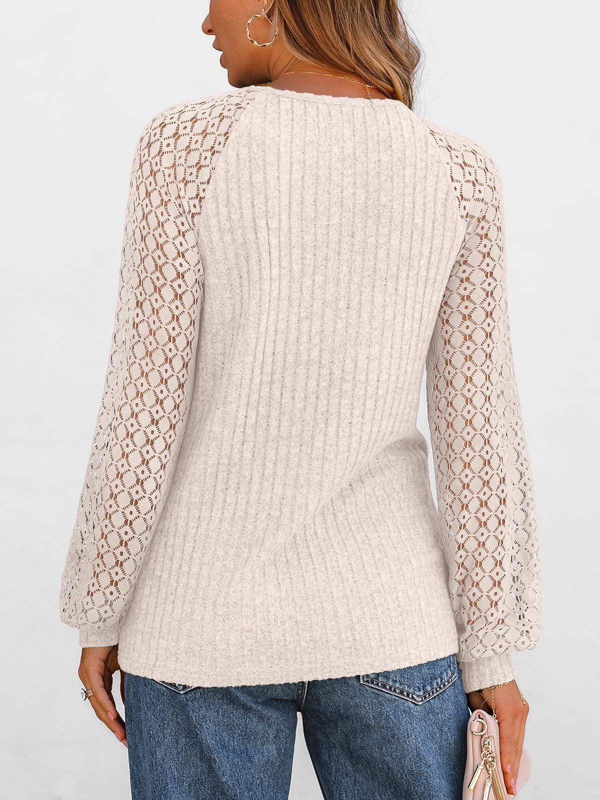 Women's Lace Sleeve Ribbed Knit Crew Neck Sweater Top