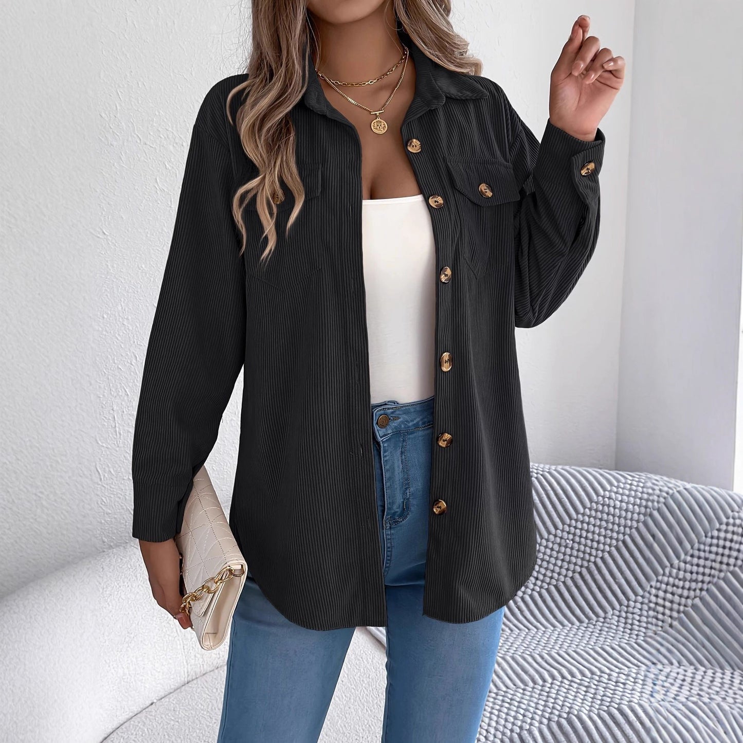 Corduroy Shacket Button Front Relaxed Fit