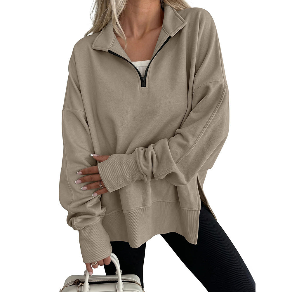 Half Zip Oversized Pullover Sweatshirt Side Slit Casual Top