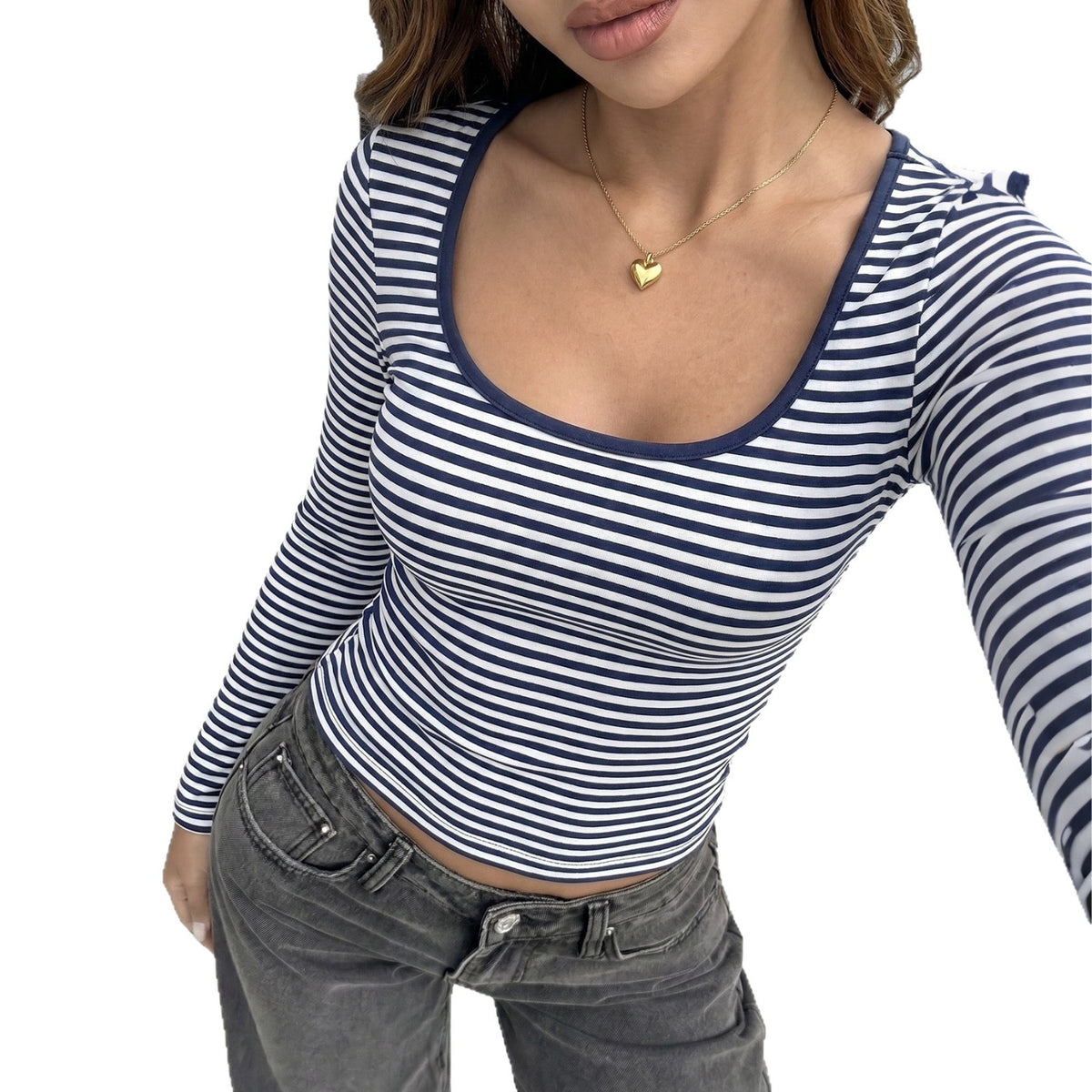 Women's Square Neck Striped Long Sleeve Crop Top
