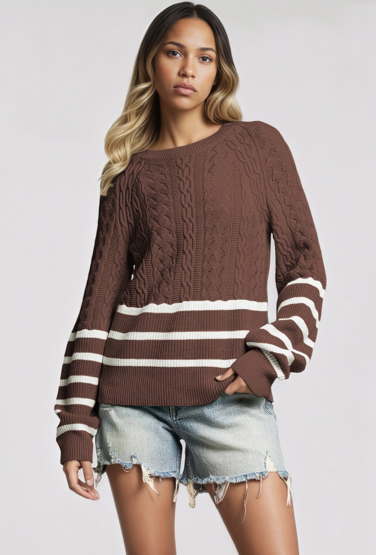 Women's Oversized Cable Knit Striped Color Block Sweater