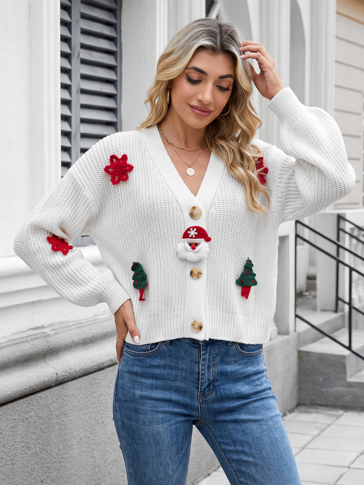Women's Christmas Cardigan 3D Crochet Santa Tree Button Up