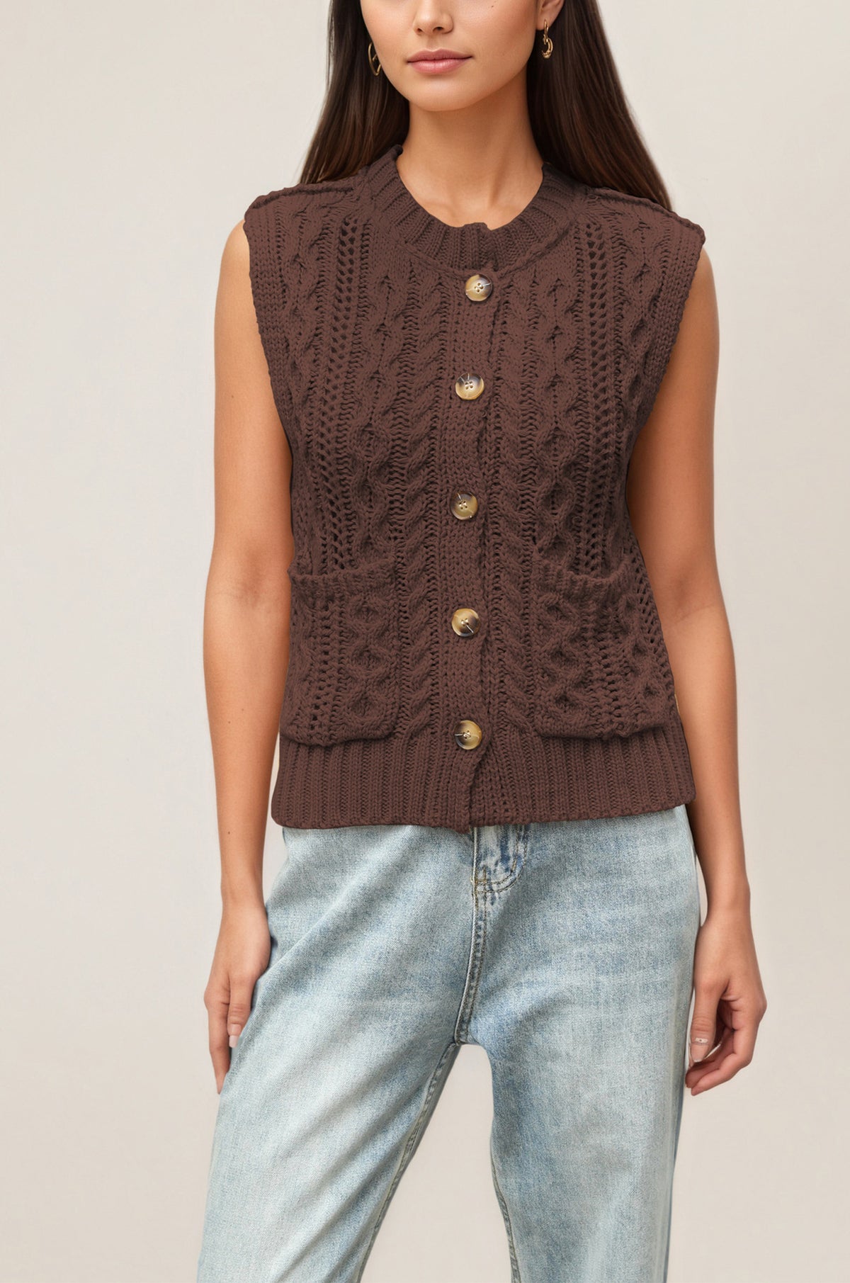 Women's Cable Knit Sleeveless Cardigan Vest Button Front
