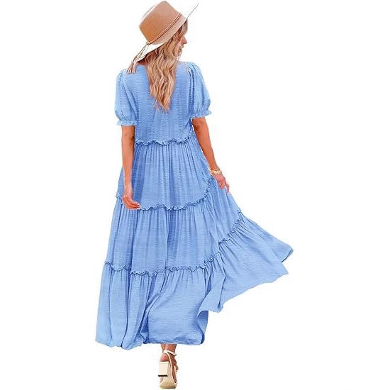 Floral Print Puff Sleeve Tiered Maxi Dress for Summer