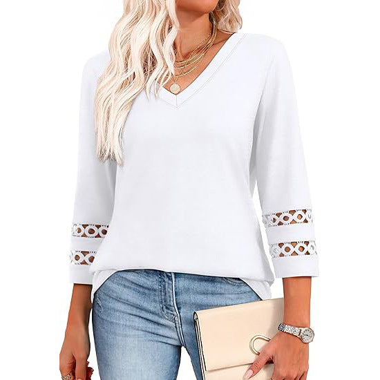 Women’s V Neck 3/4 Sleeve Lace Trim Casual Top