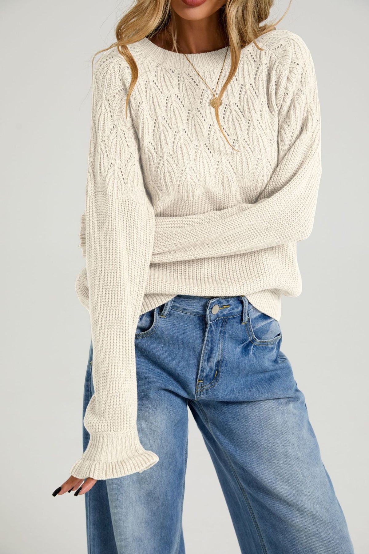 Women's Crew Neck Long Sleeve Cable Knit Pullover Sweater