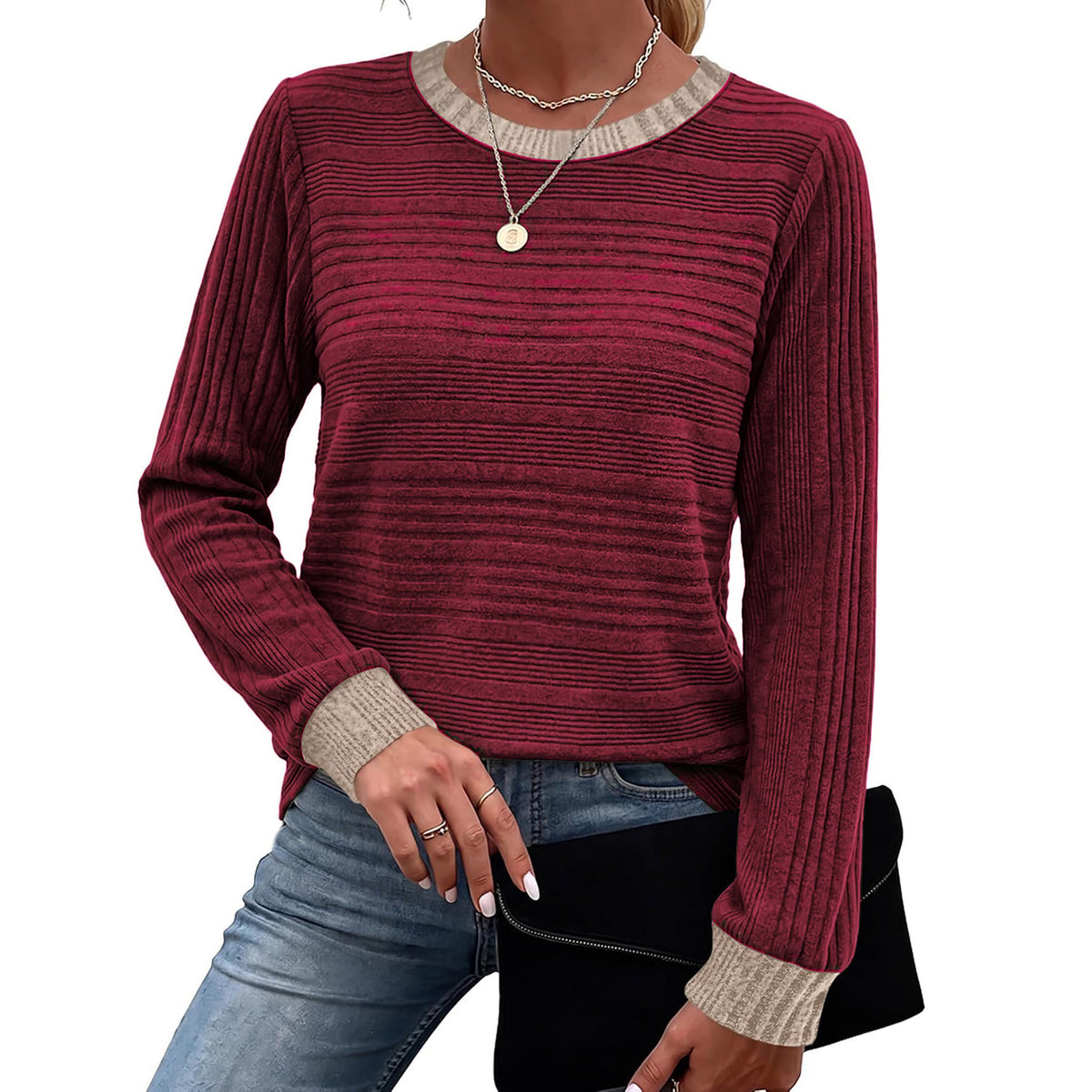 Women's Color Block Ribbed Long Sleeve Loose Casual Top