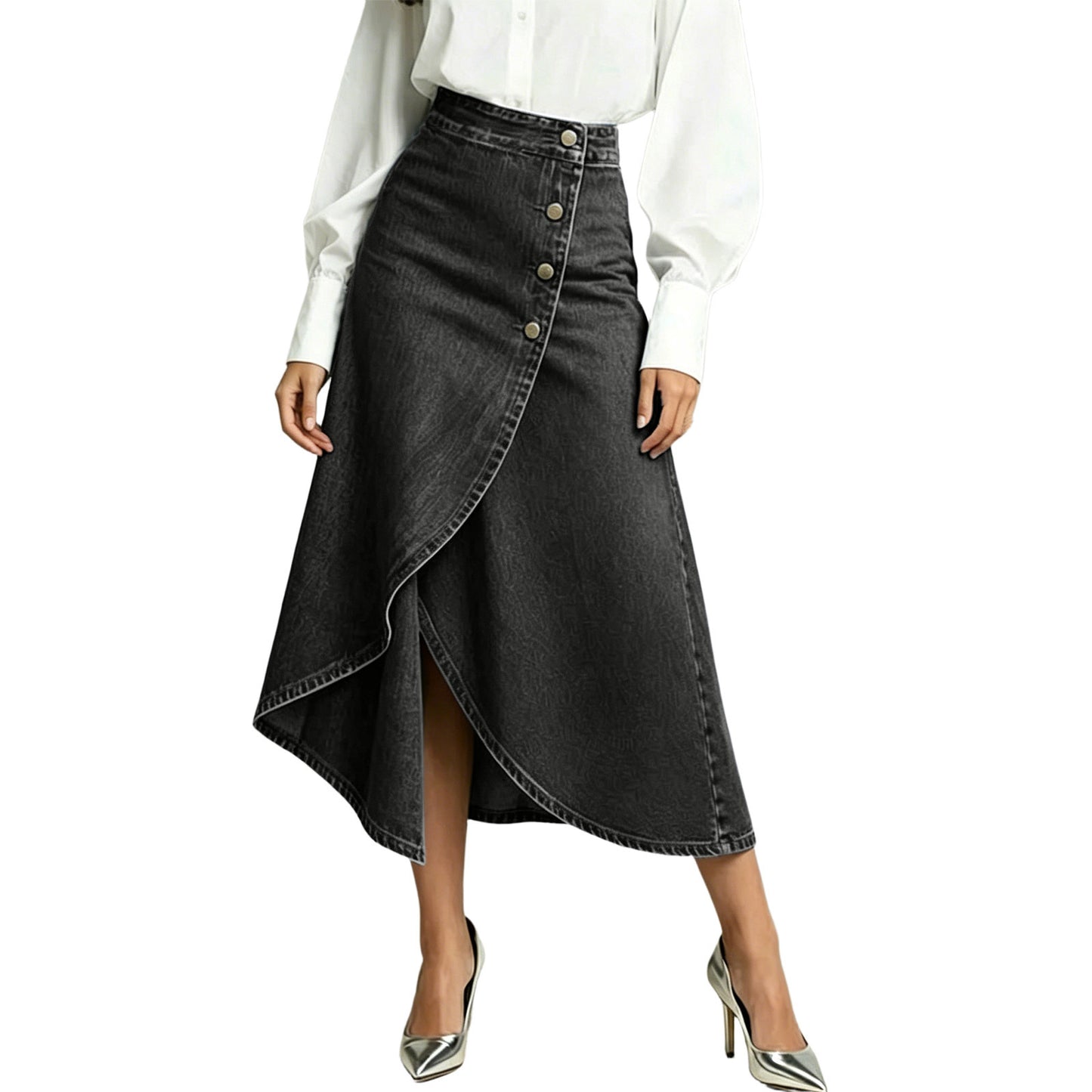 Washed Denim High Waist Asymmetrical Button Midi Skirt
