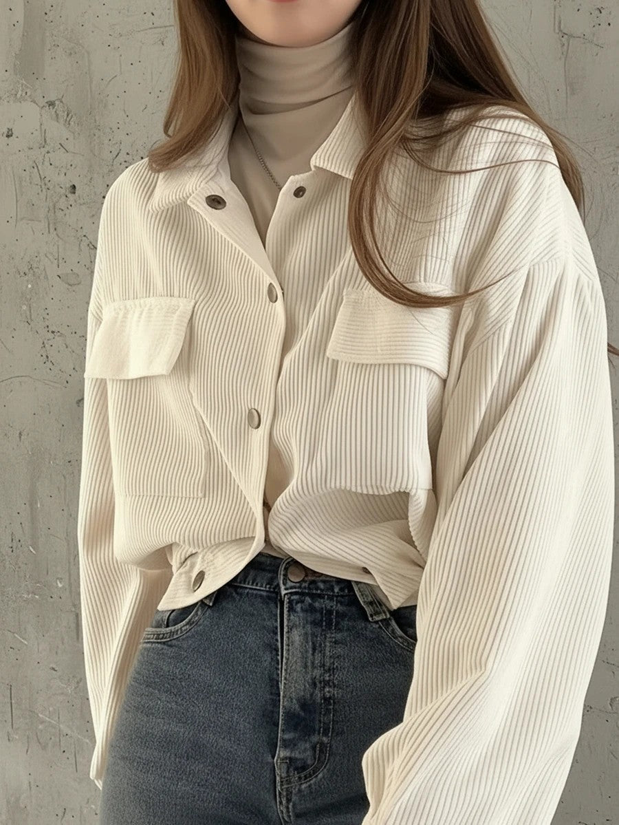 Cropped Corduroy Shacket Drawstring Hem