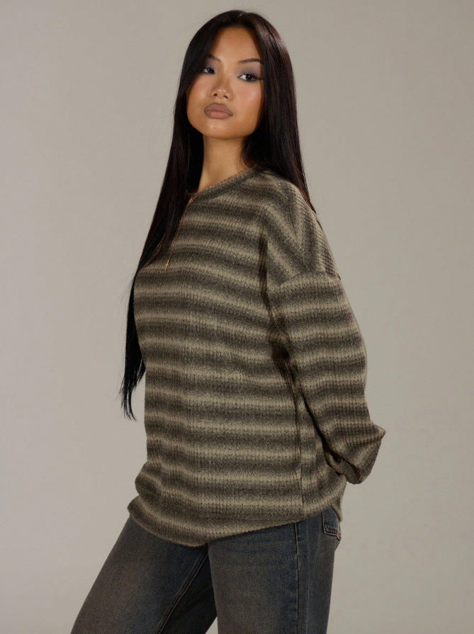 Striped Brushed Sweater Boutique Oversized Drop Shoulder Pullover