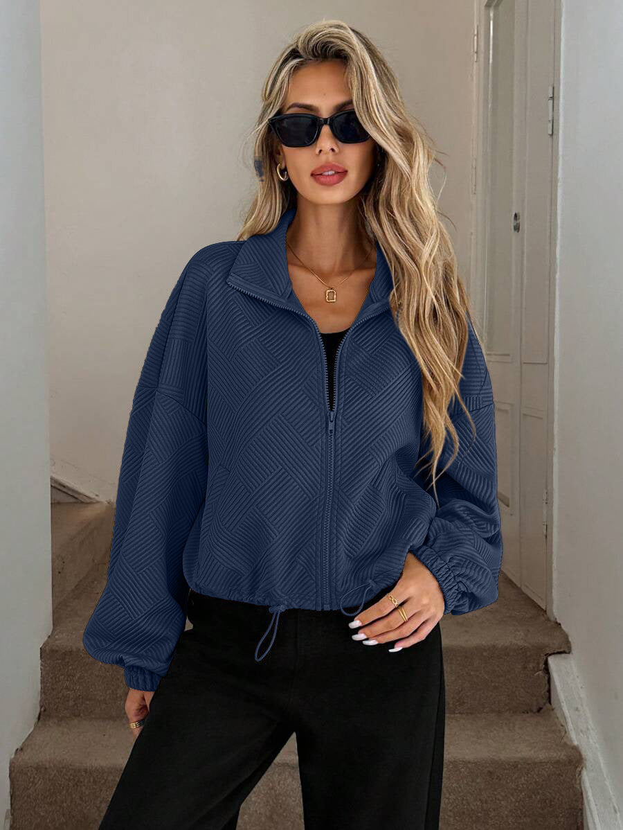 Textured Polyester Jacket Casual Bomber Oversized Zip Up