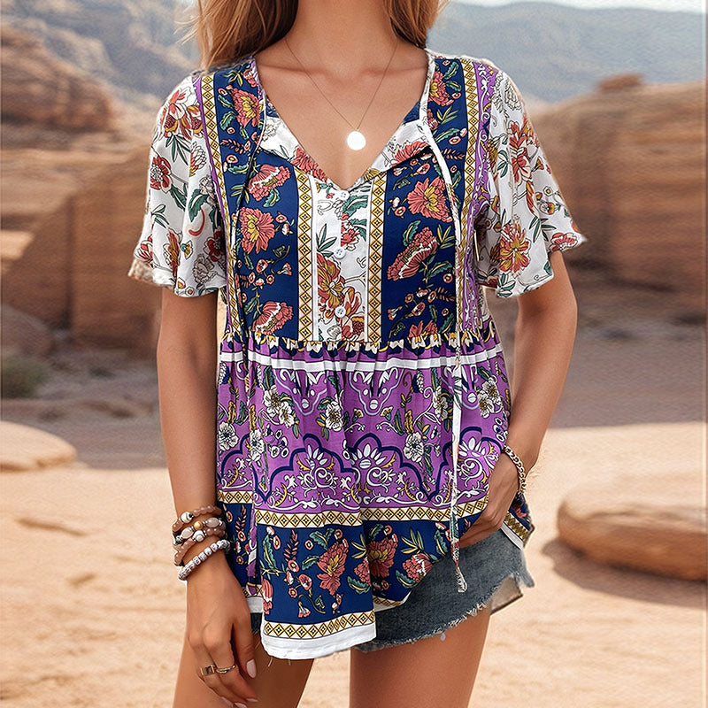 Summer Boho Floral and Geometric Print Short Sleeve Blouse