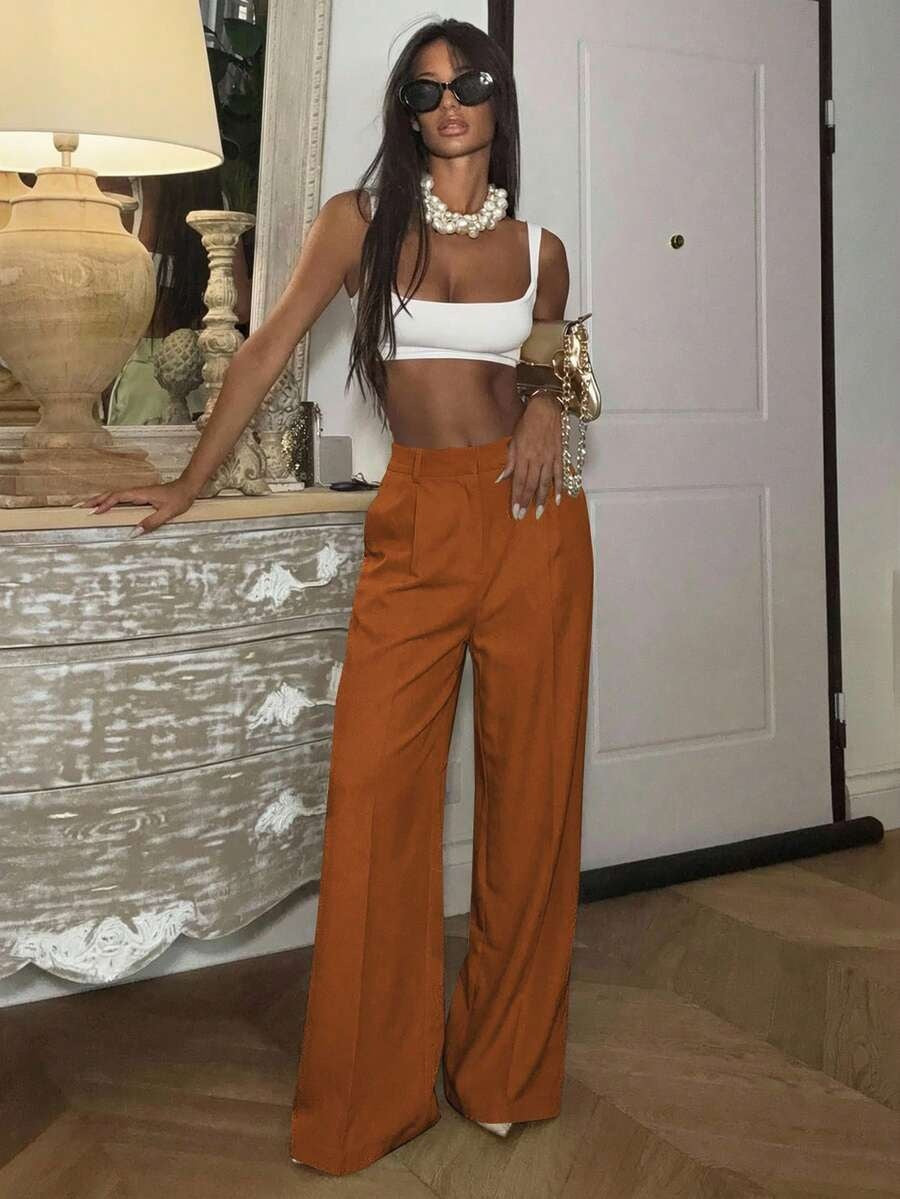 Solid High Waisted Wide Leg Dress Pants Business Work Trousers