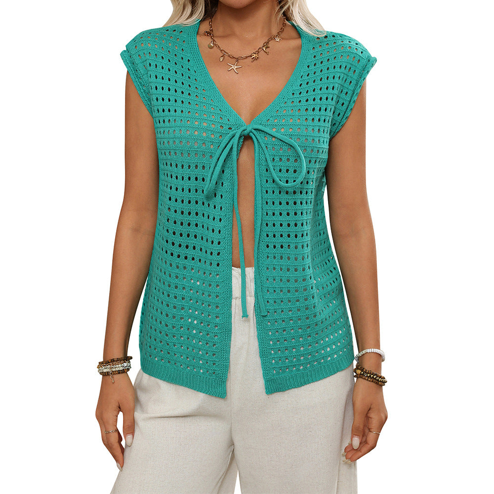 Women's Open Front Hollow Knit Cover Up Summer Top