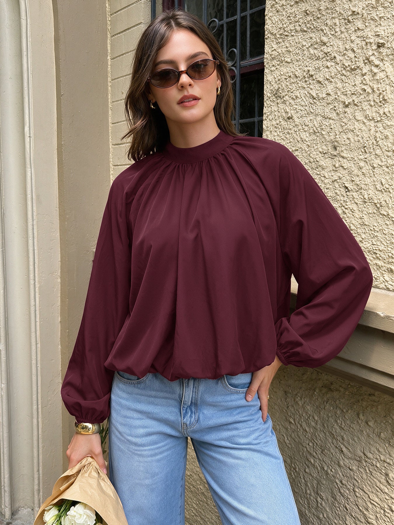 Tie Neck Mock Neck Blouse Gathered Long Sleeve Top