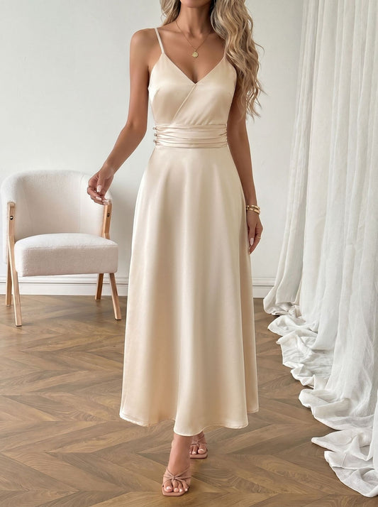 Elegant Champagne Satin V Neck Maxi Dress