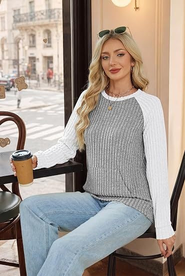 Ribbed Color Block Raglan Long Sleeve Pocket Tunic Top