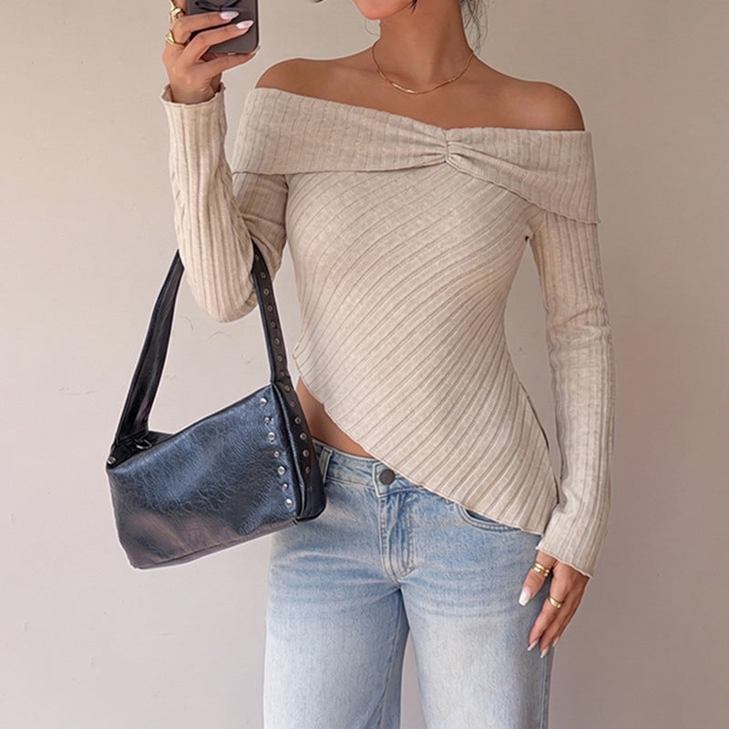 Off Shoulder Ribbed Knit Top Long Sleeve Slim Fit Blouse