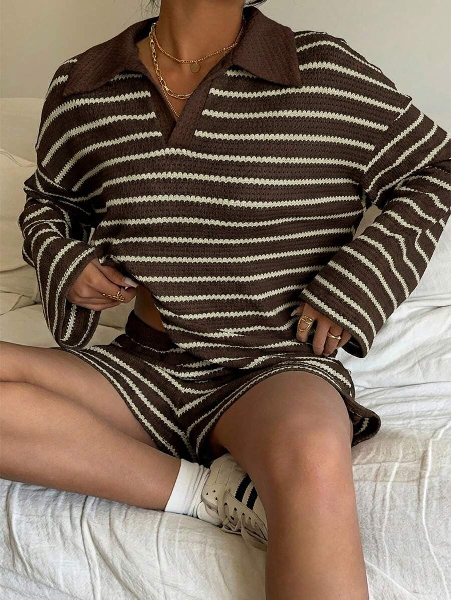 Striped Polo Lounge Set Resort Textured Collared Oversized