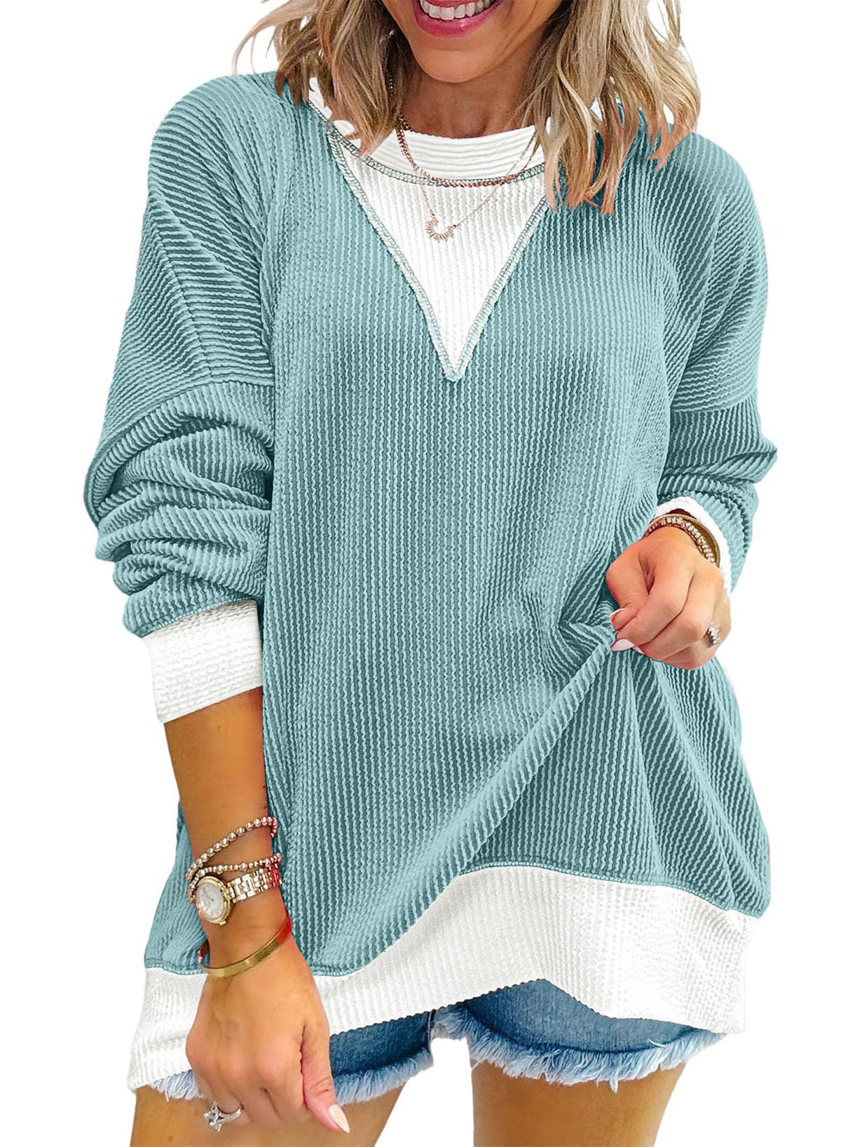 Colorblock Top Casual Waffle V-Neck Oversized