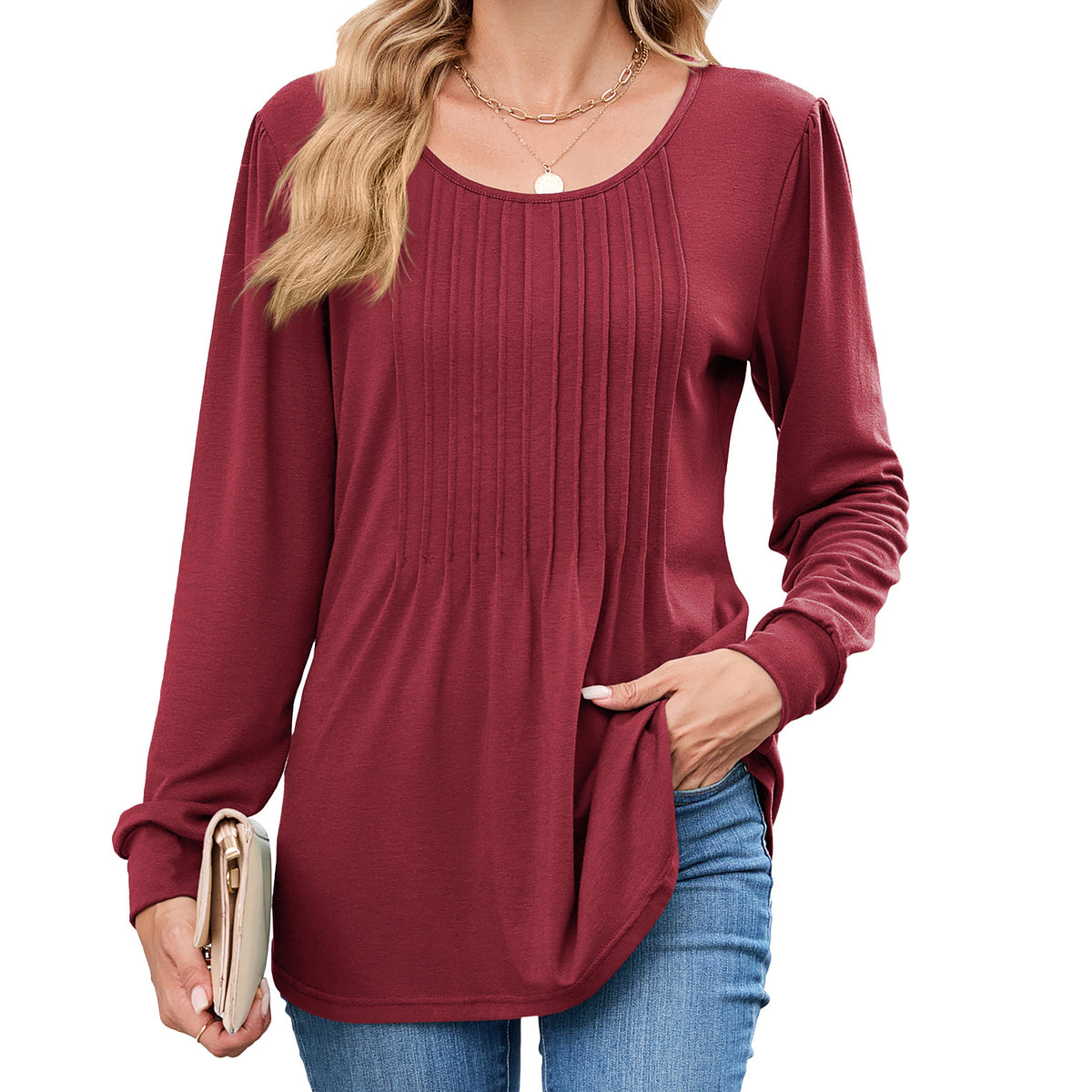 Women's Pleated Front Long Sleeve Tunic Top Loose Fit