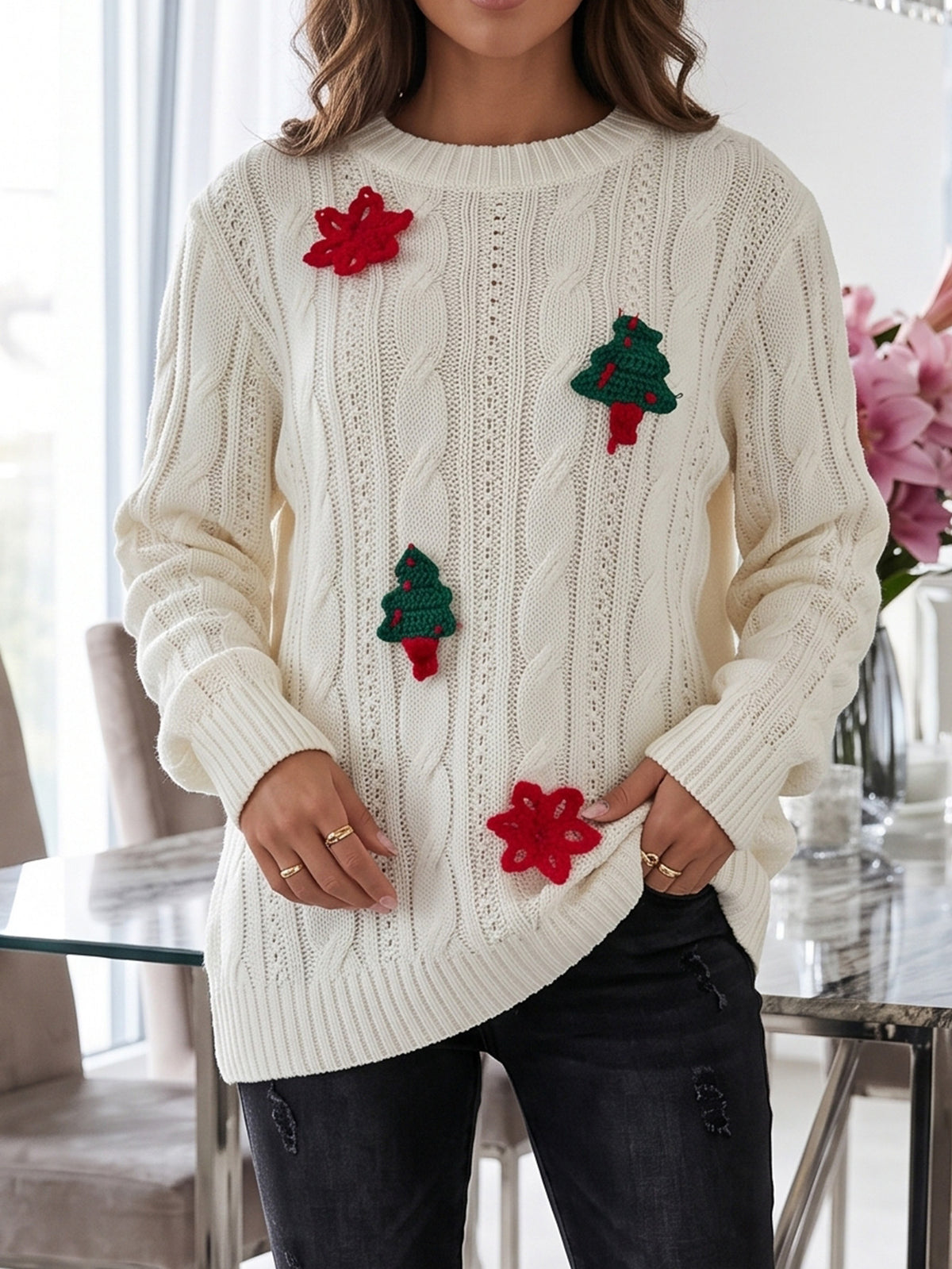 Women's Christmas Tree Snowflake Cable Knit Sweater