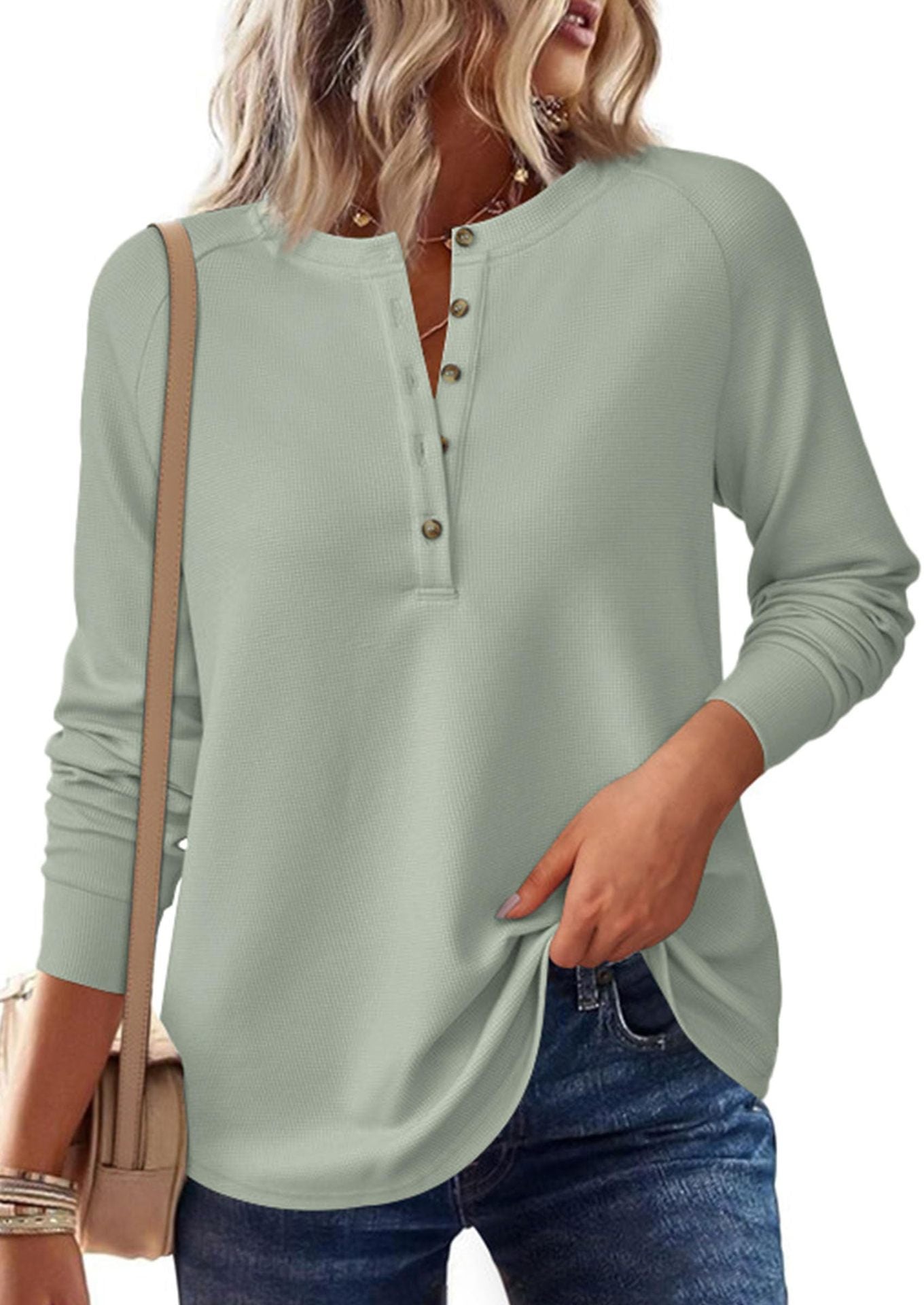 Henley Button Front Waffle Knit Long Sleeve Top