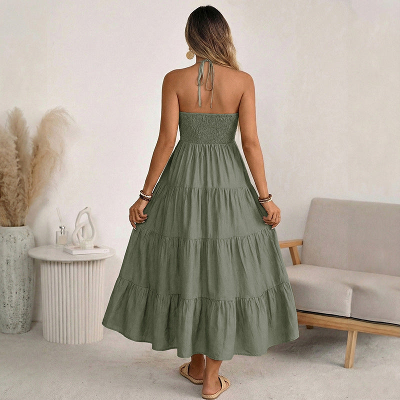 Women’s Halter V Neck Tiered Maxi Dress Backless