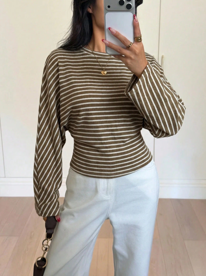 Women's Striped Batwing Waffle Knit Long Sleeve Top