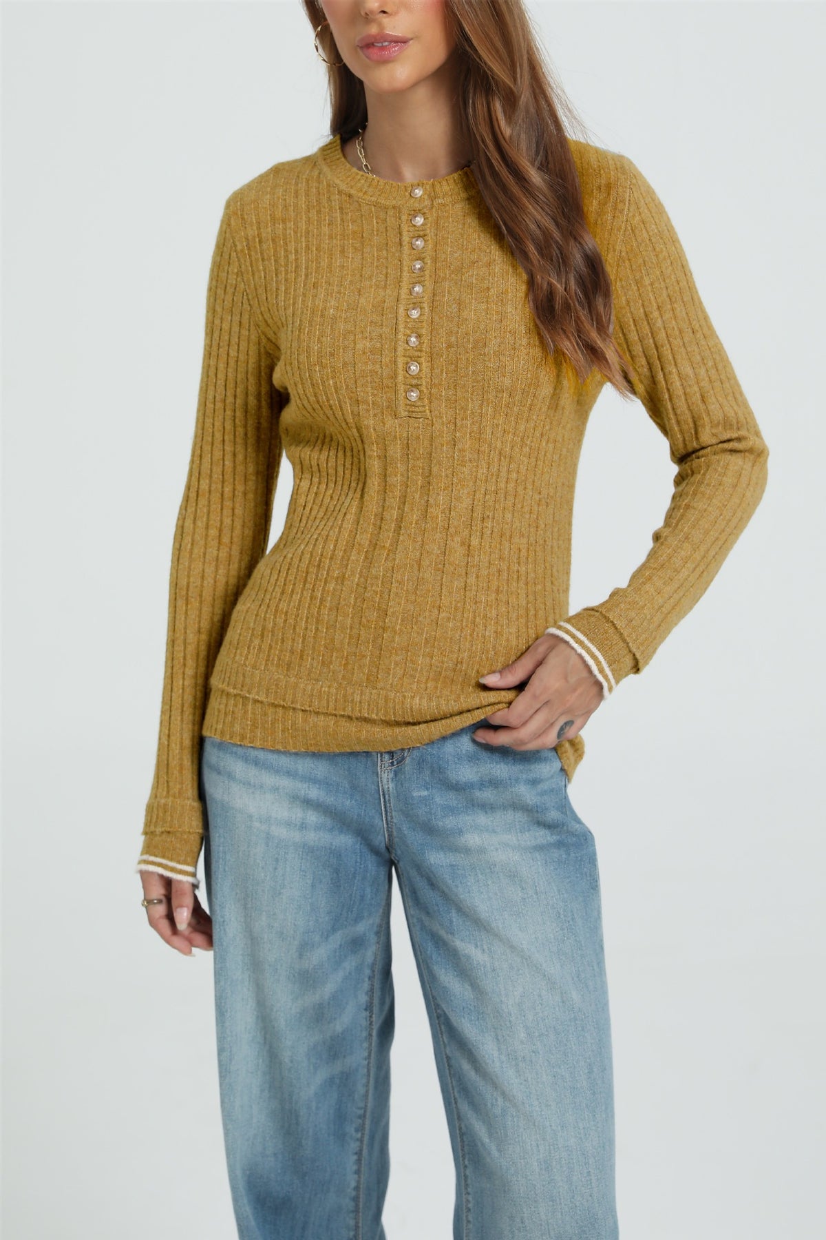 Women's Ribbed Henley Long Sleeve Fitted Sweater