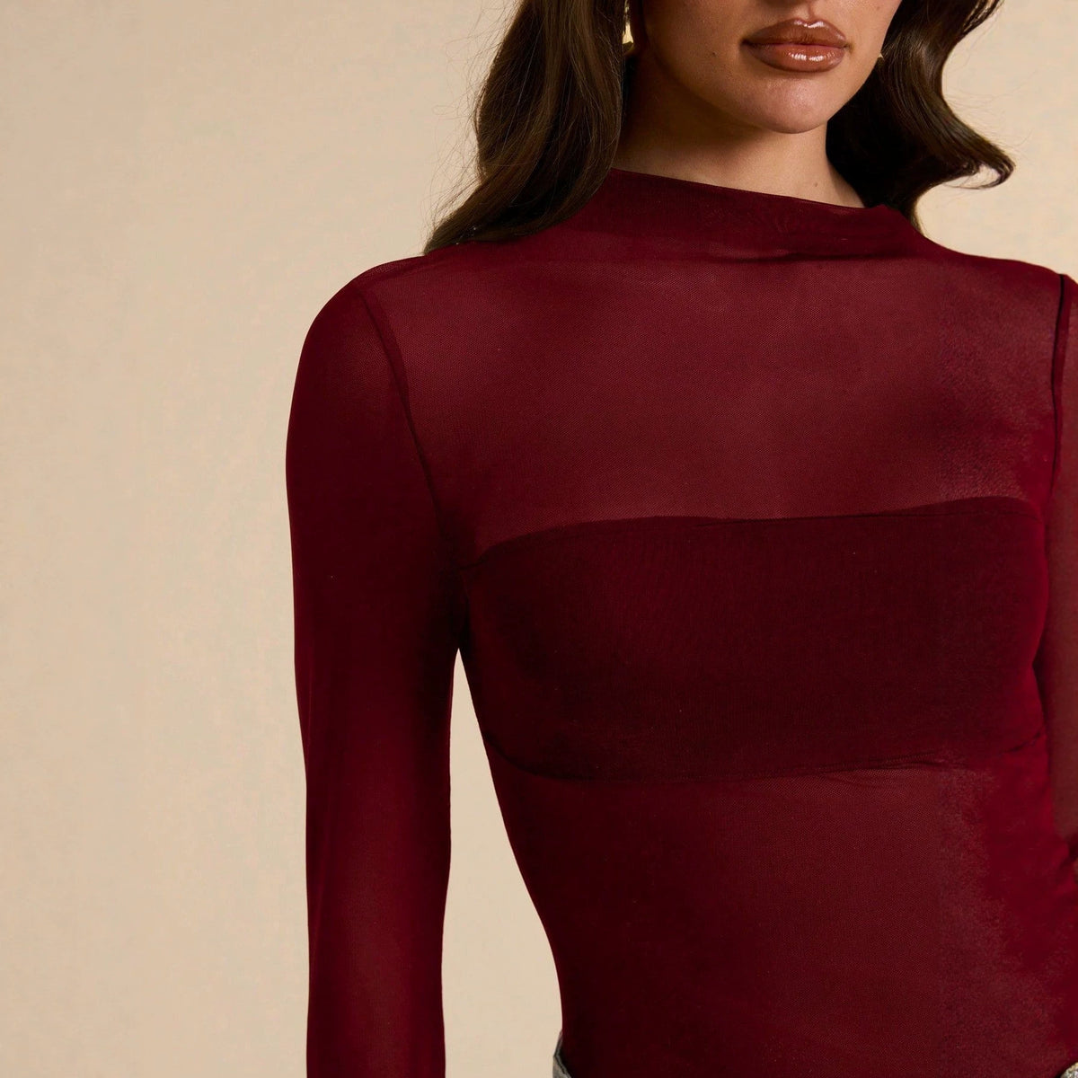 Sexy Sheer Mock Neck Long Sleeve Bodysuit