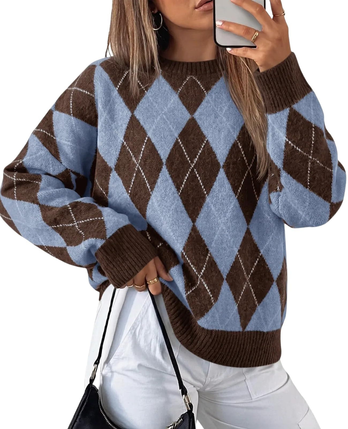 Women's Oversized Argyle Colorblock Crewneck Sweater