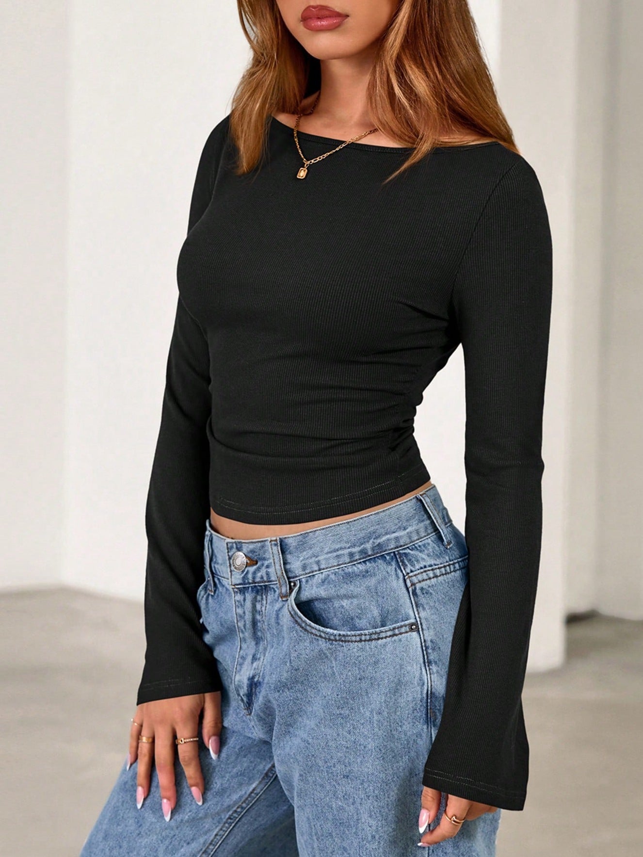 Solid Ribbed Top Trendy Boat Neck Bell Sleeve Slim Fit