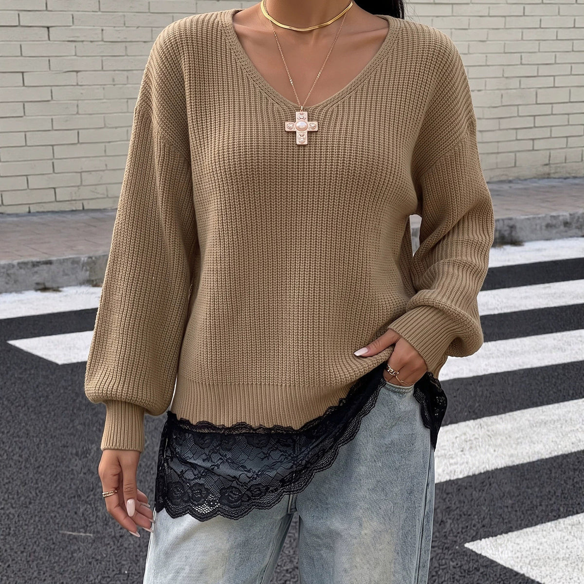 Women's Oversized Lace Trim Sweater V-Neck Lantern Sleeve