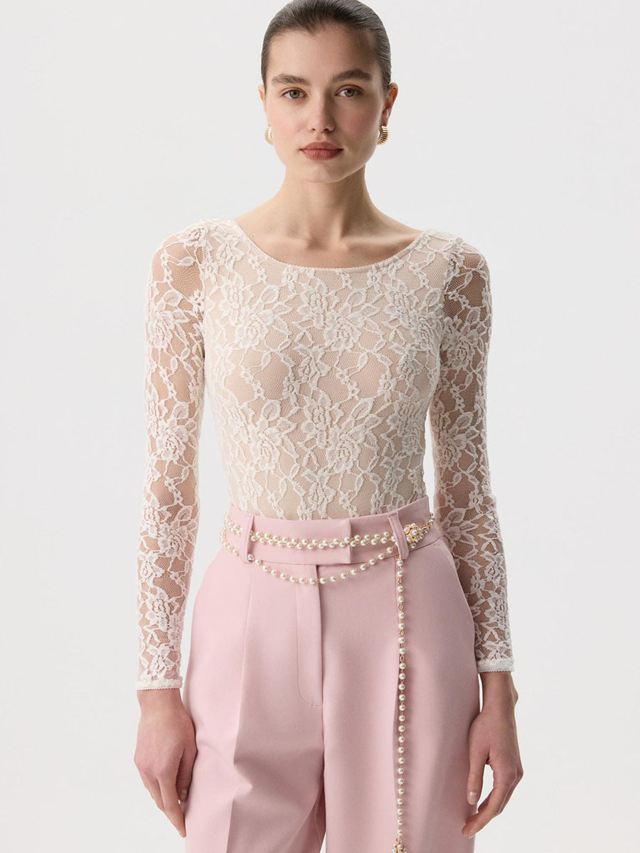 Women's Sheer Blouse Lace Long Sleeve Fitted U Neck Top