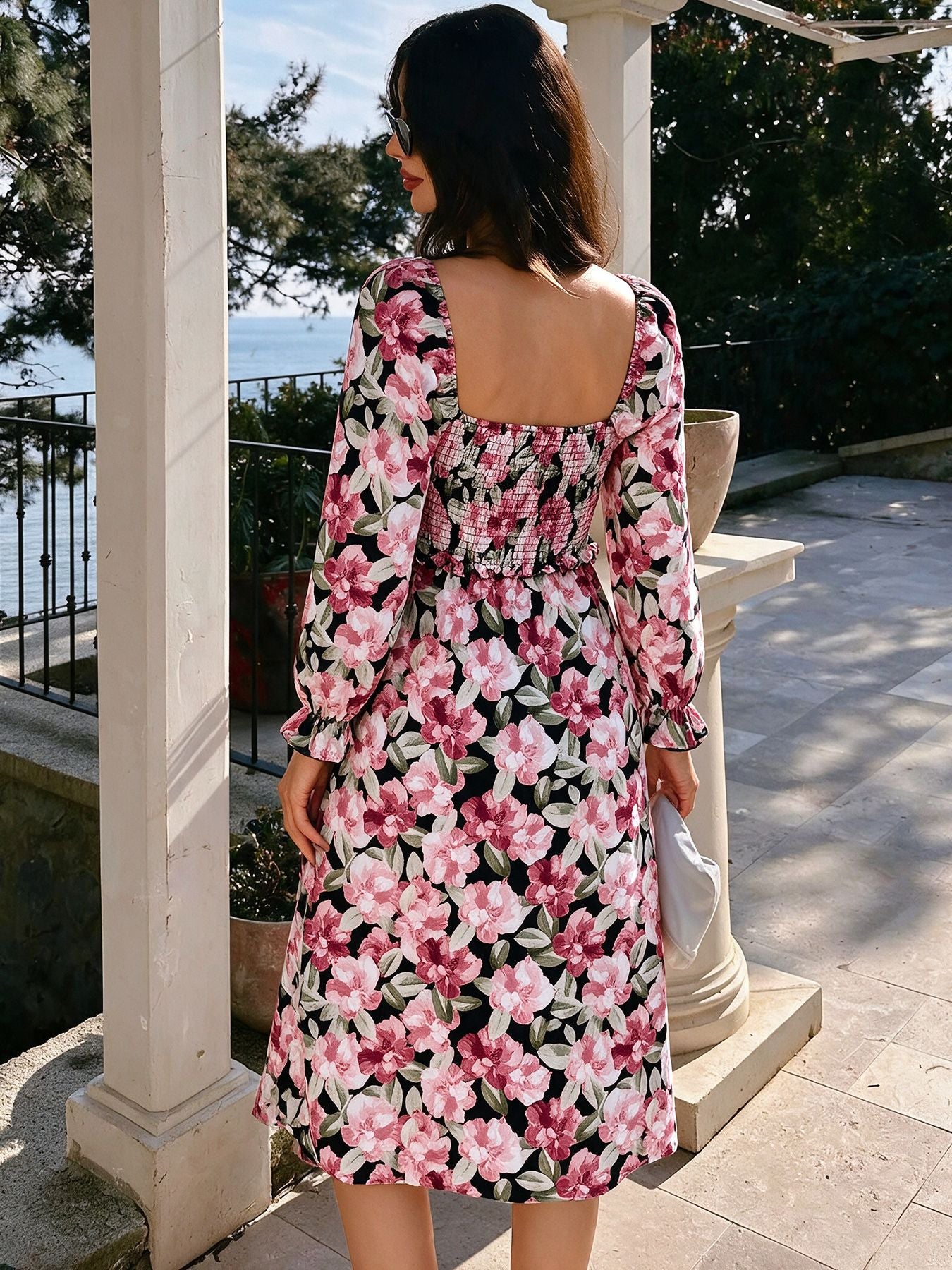 Floral Square Neck Midi Dress Smocked Long Sleeve