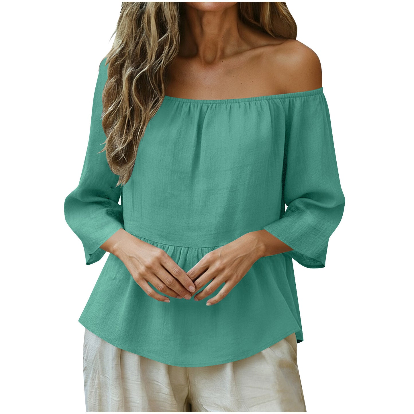 Solid Linen Blend Blouse Boho Peplum Long Sleeve Top