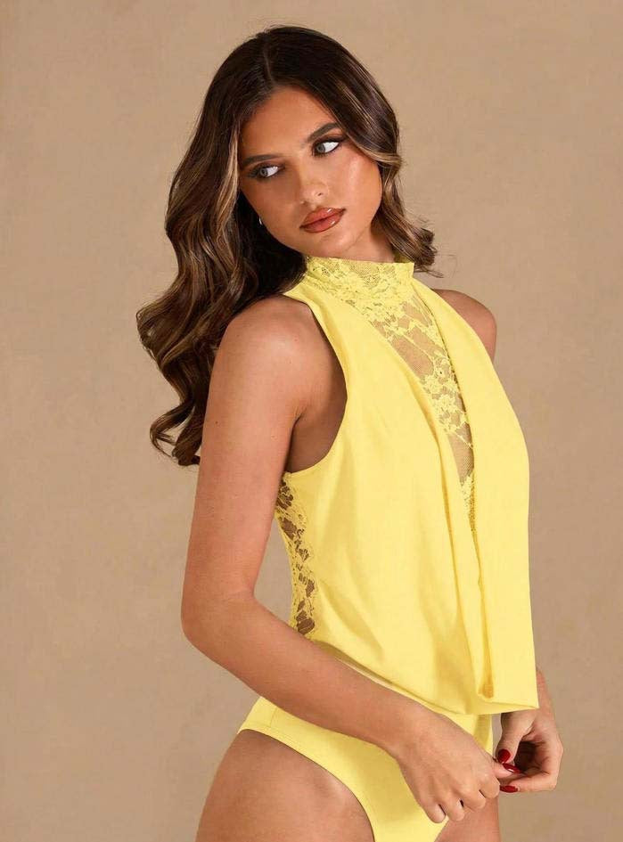 Lace Mesh Bodysuit Halter Draped Sexy Fitted Sleeveless