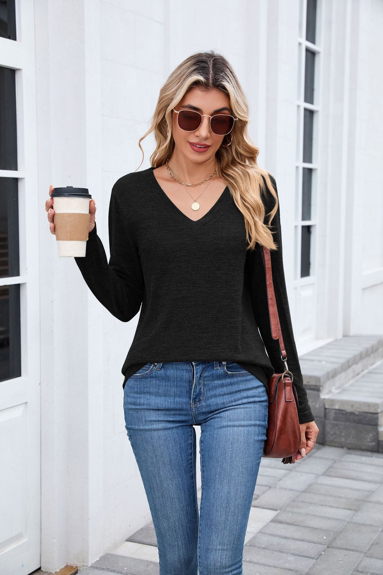 Women's Oversized V-Neck Long Sleeve Tunic Top