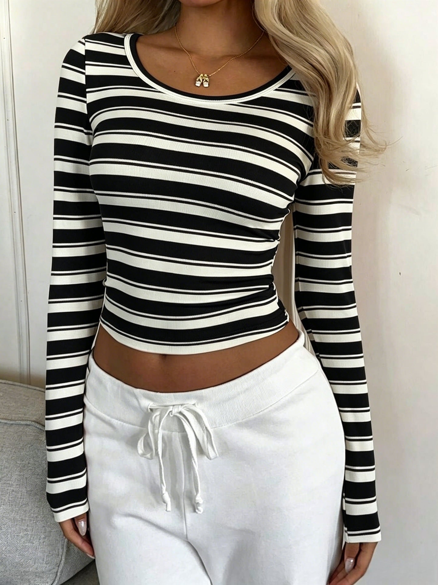 Striped Long Sleeve Crop Top Fitted Ribbed Tee