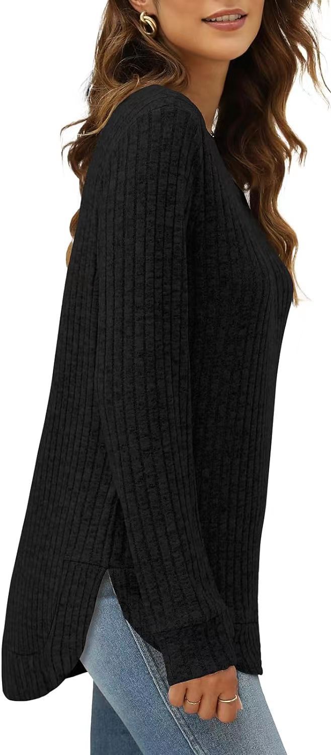 Women's Oversized Ribbed Long Sleeve Crew Neck Tunic Top