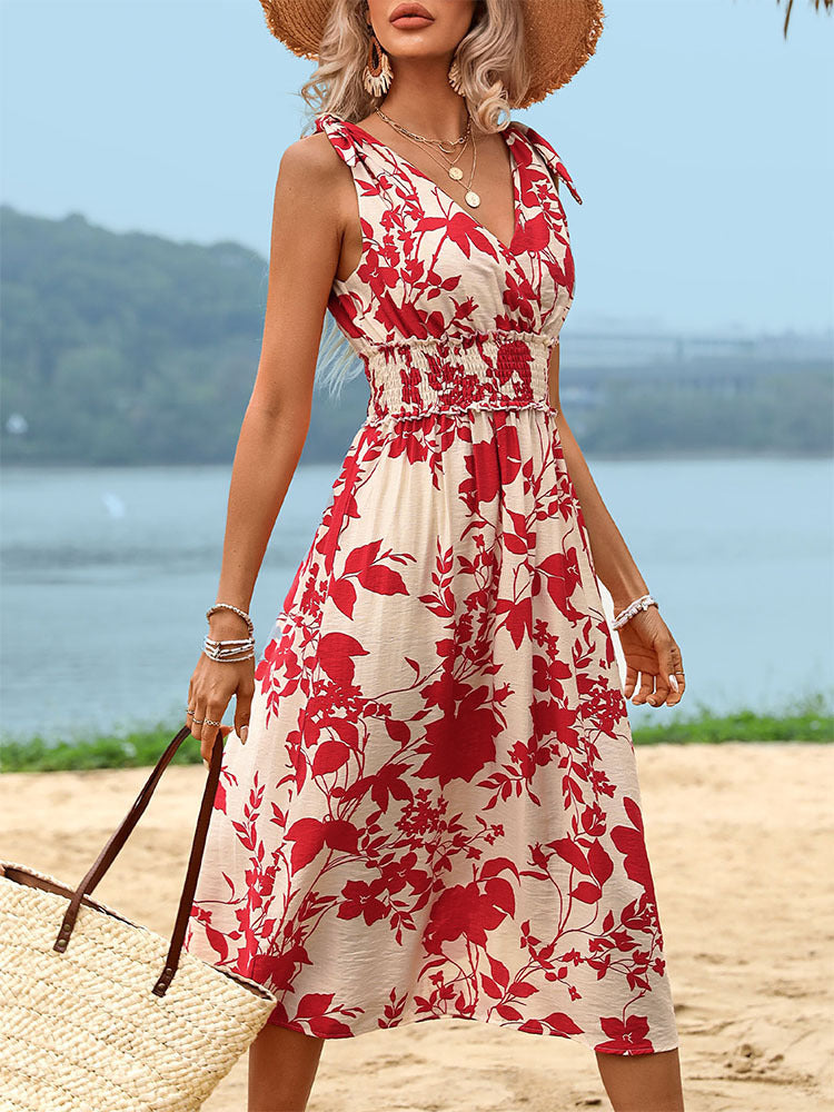 Red Floral Tie Shoulder Midi Dress Smocked Waist