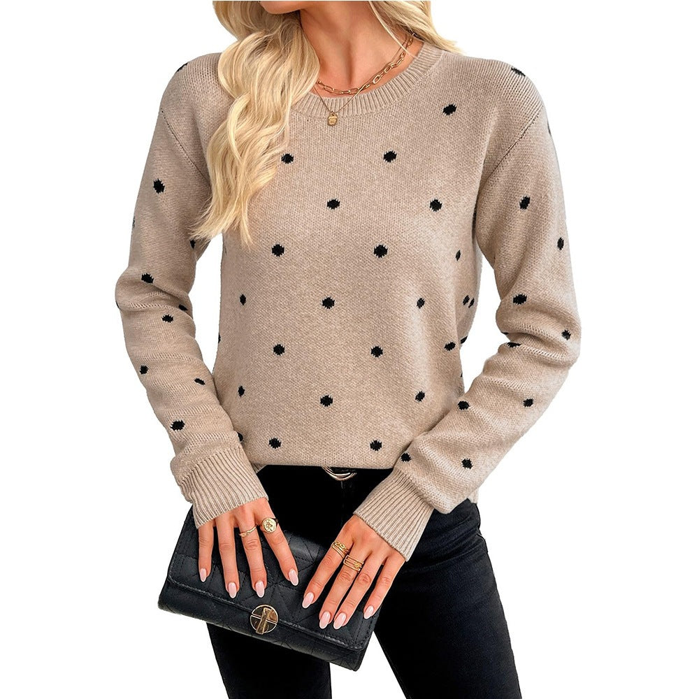 Polka Dot Knit Sweater Crew Neck Long Sleeve Top