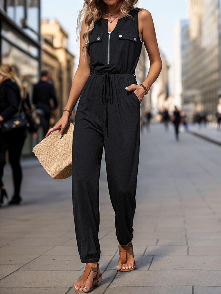 Zip Front Sleeveless Black Jogger Jumpsuit