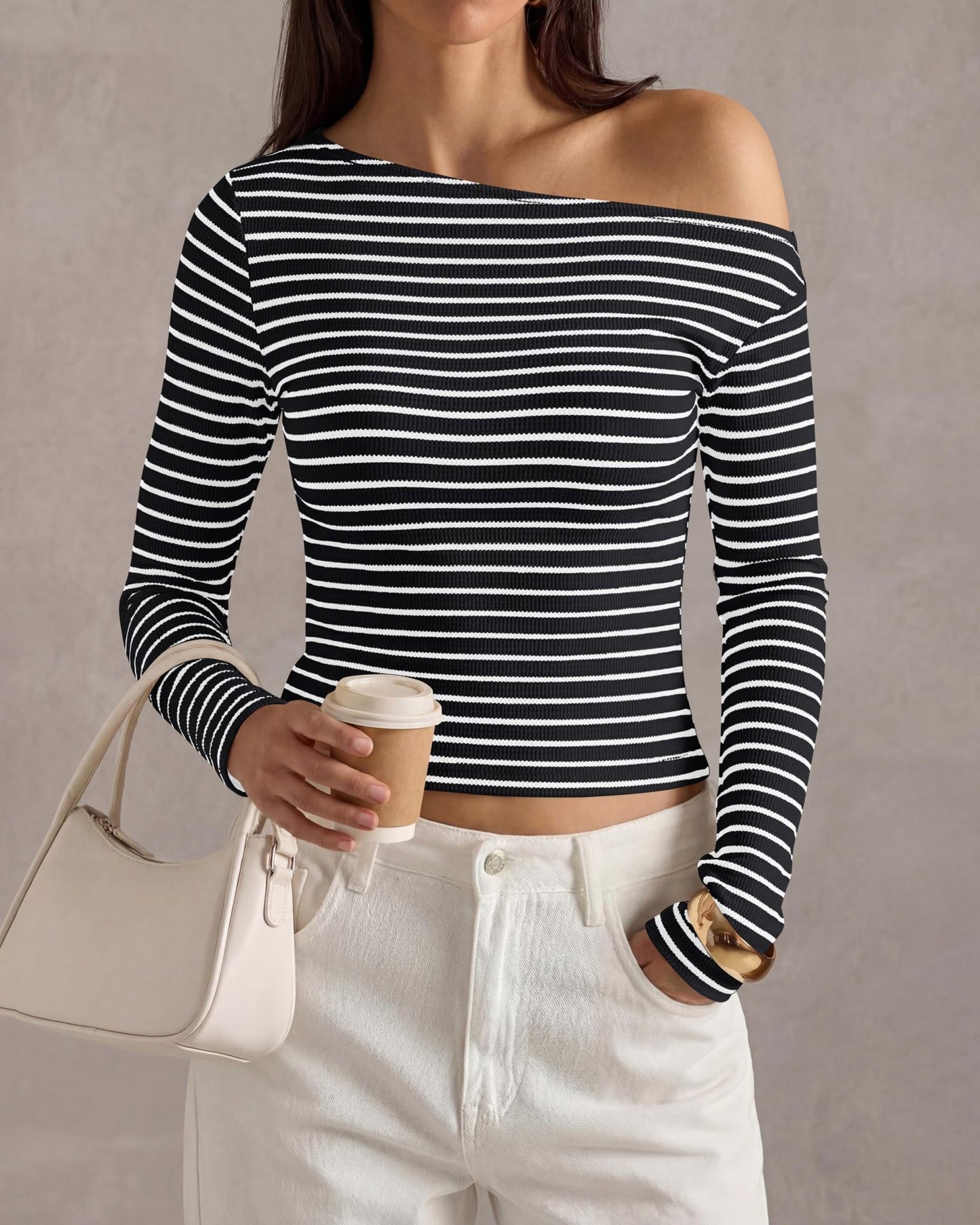 Ribbed Off Shoulder Striped Long Sleeve Knit Top