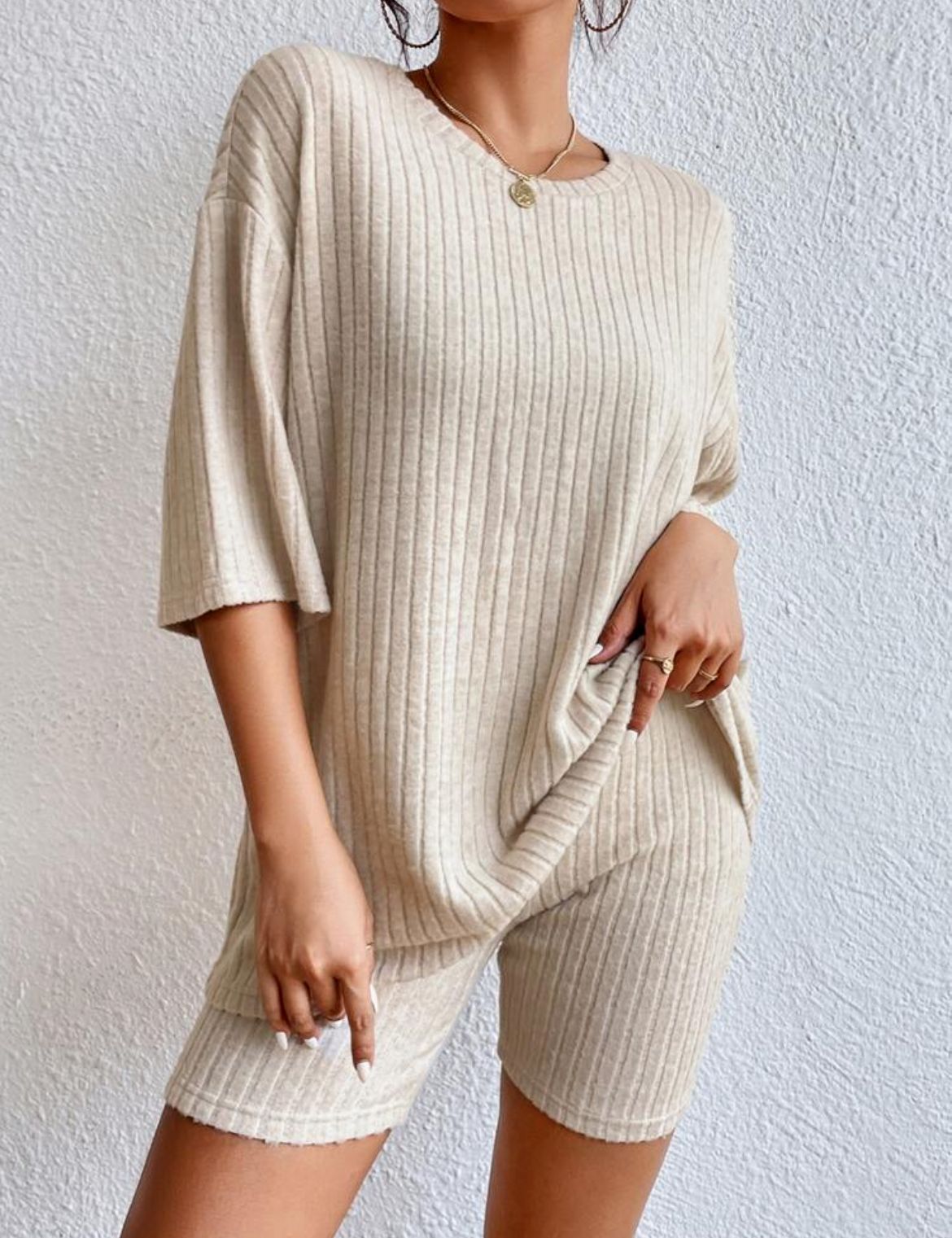 Ribbed Knit Two Piece Set Oversized Top & Biker Shorts