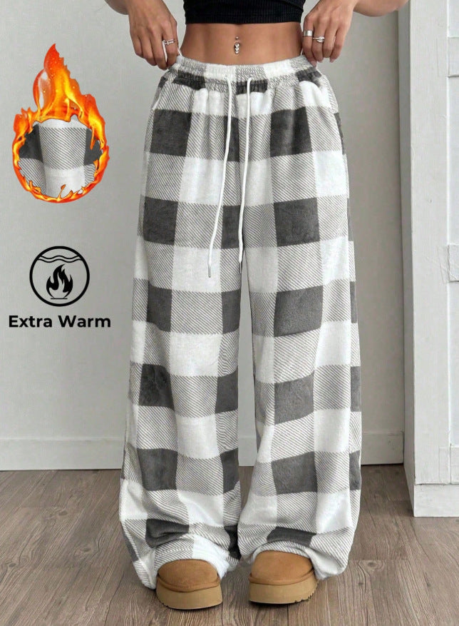 Plaid Fleece Pants Casual Oversized Wide Leg