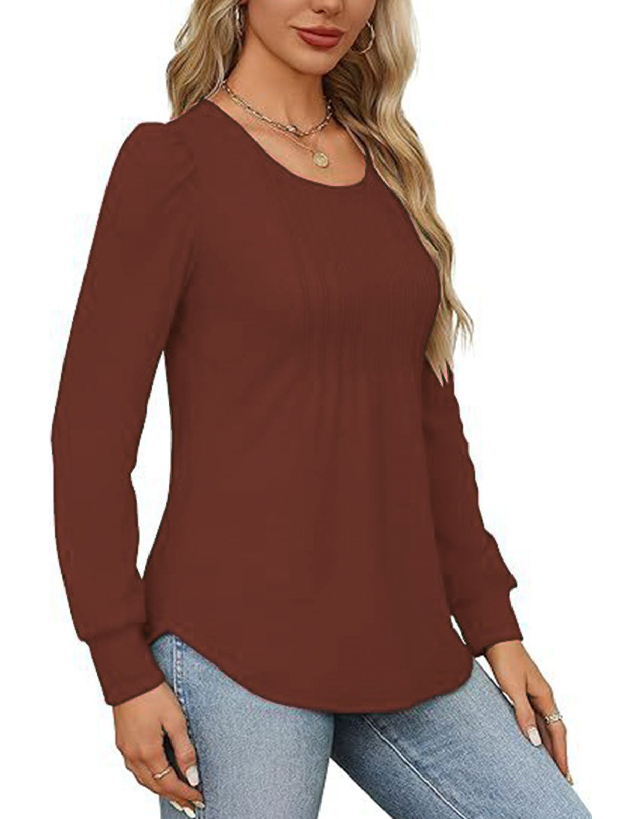 Solid Cotton Top Casual Pleated Puff Sleeve