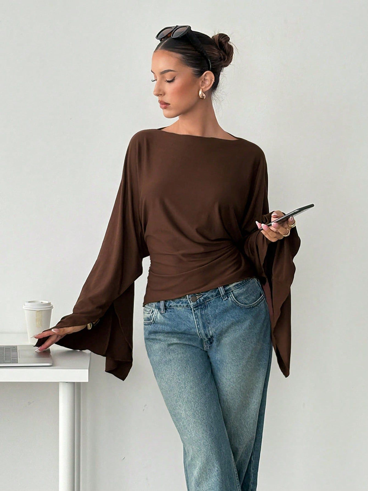 Women's Batwing Sleeve Tie Waist Boat Neck Top