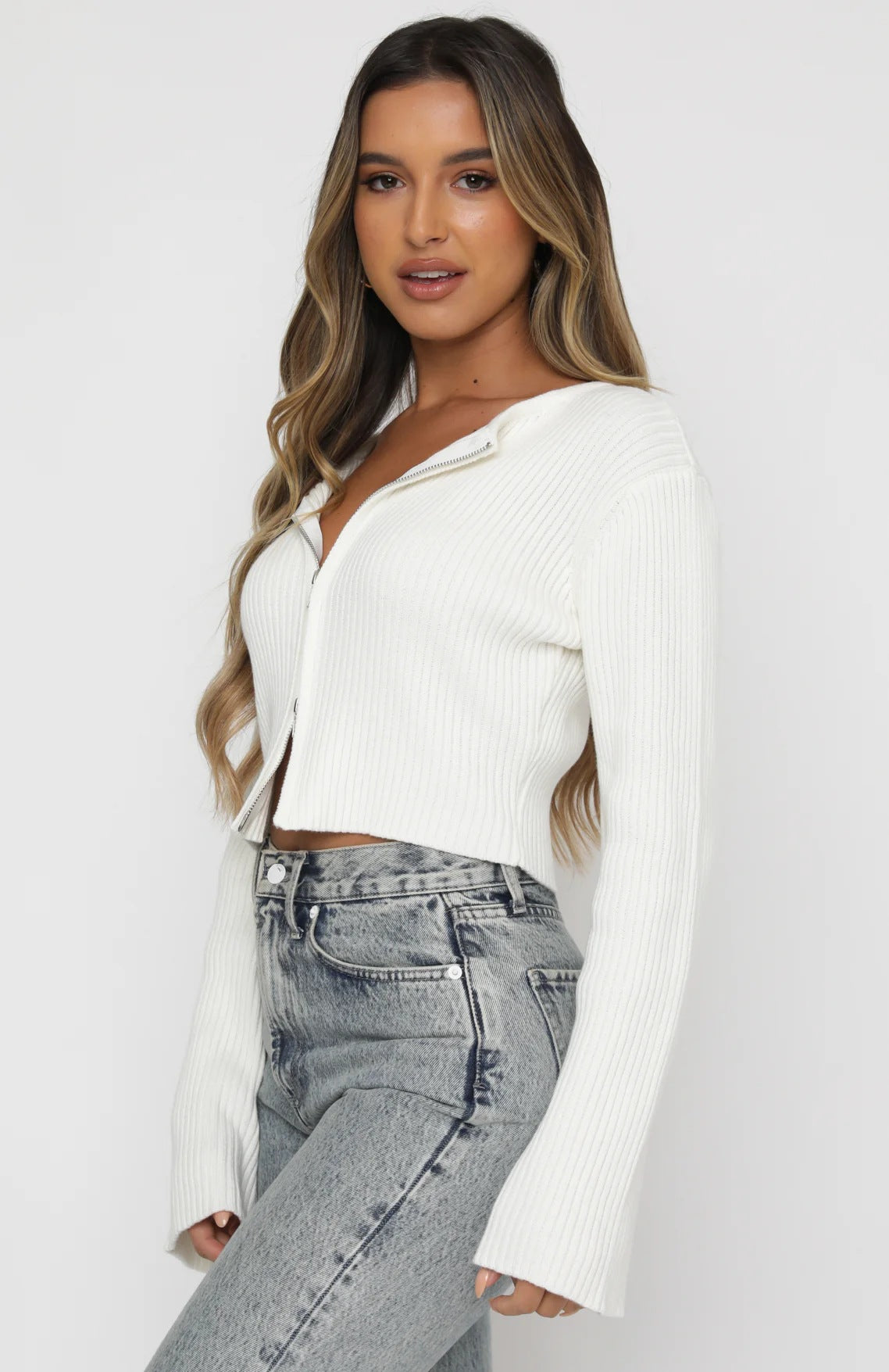Trendy Zip-Up Cropped Knit Sweater for Women